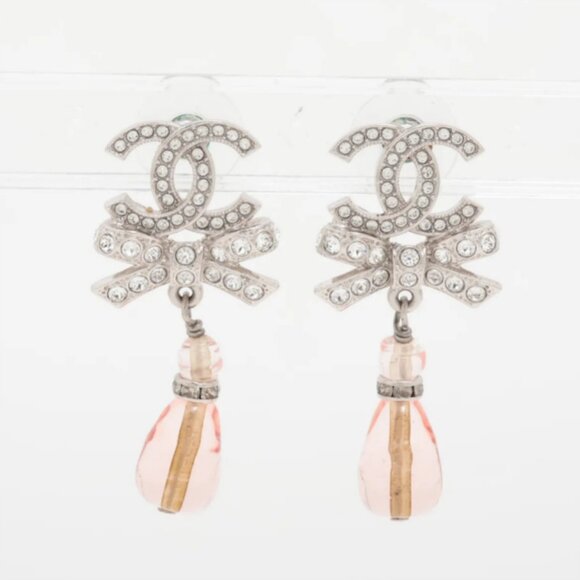 Chanel CC Logo Ribbon Rhinestone Stud Drop Earring - Picture 1 of 5